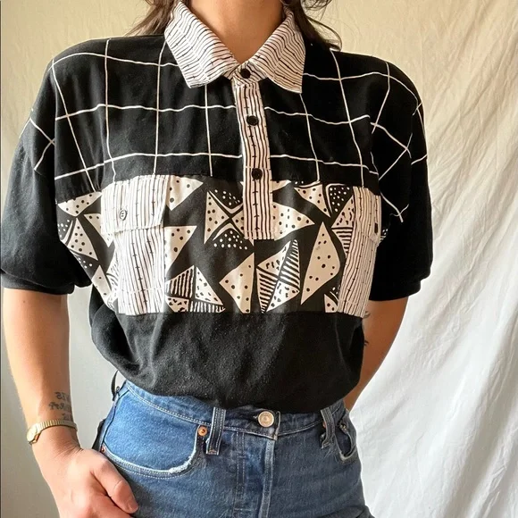 VTG collared Abstract Yacht Club Blouse - Picture 1 of 8